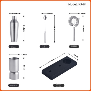 Set de cocktail din oțel inoxidabil, 5 piese, suport din acrilic negru