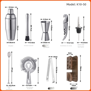 Set de instrumente pentru cocktailuri din oțel inoxidabil, cu suport din lemn, capacitate 700 ml, include shaker, strecurător pentru gheață, jigger, lingură de bar, muddler, clește pentru gheață, pourer pentru vin, deschizător de sticle – 10 piese