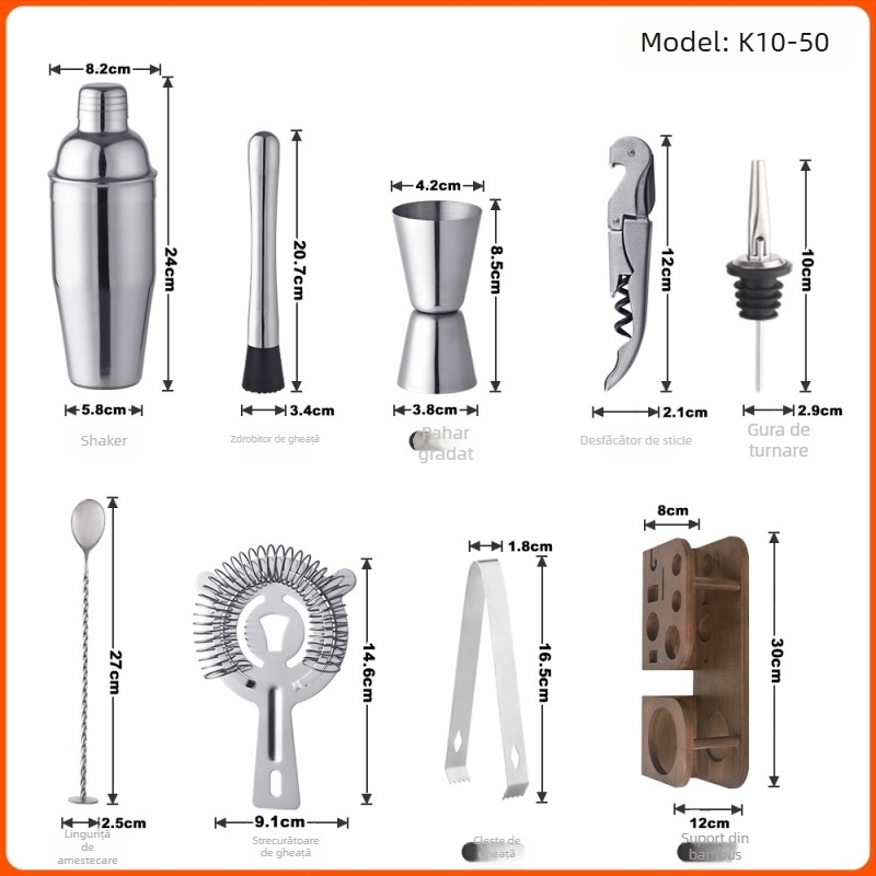 Set de instrumente pentru cocktailuri din oțel inoxidabil, cu suport din lemn, capacitate 700 ml, include shaker, strecurător pentru gheață, jigger, lingură de bar, muddler, clește pentru gheață, pourer pentru vin, deschizător de sticle – 10 piese