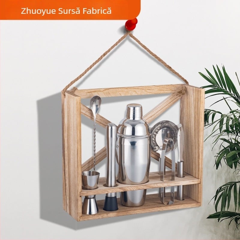 Set de instrumente pentru cocktail din oțel inoxidabil, 700 ml, stil european retro pentru bar, suport din lemn, cutie cadou personalizabilă