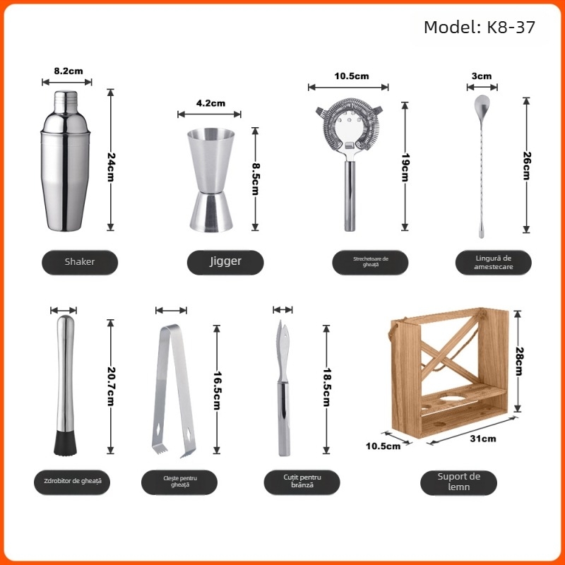 Set de instrumente pentru cocktail din oțel inoxidabil, 700 ml, stil european retro pentru bar, suport din lemn, cutie cadou personalizabilă