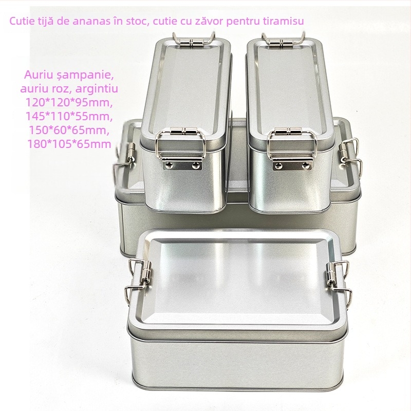 Cutie metalică argintie, retro, cu încuietoare cu mecanism de rotiță pentru ambalaje de produse coapte