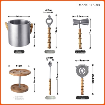 Set de cocktail din oțel inoxidabil — kit de 6 piese cu recipient pentru gheață, deschizător de sticle, măsurător, lingură de amestec, strecurător pentru gheață, raft de depozitare