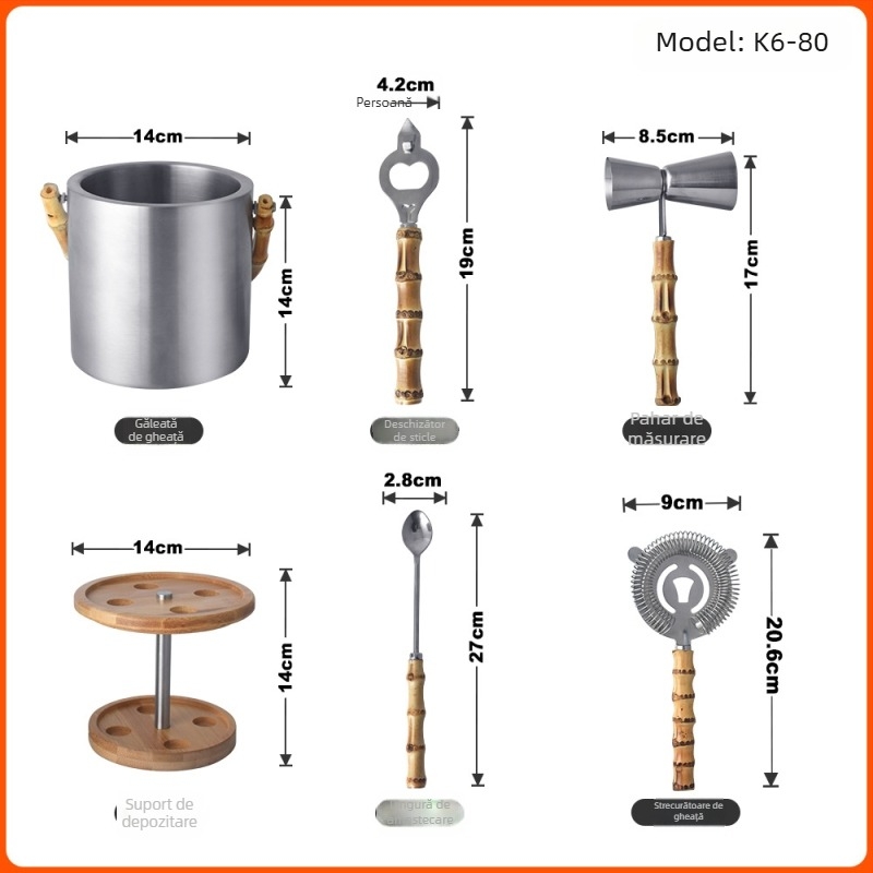 Set de cocktail din oțel inoxidabil — kit de 6 piese cu recipient pentru gheață, deschizător de sticle, măsurător, lingură de amestec, strecurător pentru gheață, raft de depozitare