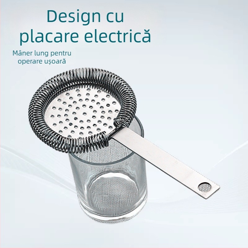Filtru de gheață pentru cocktailuri din oțel inoxidabil 304, mâner lung placat electroplată și filtru întărit