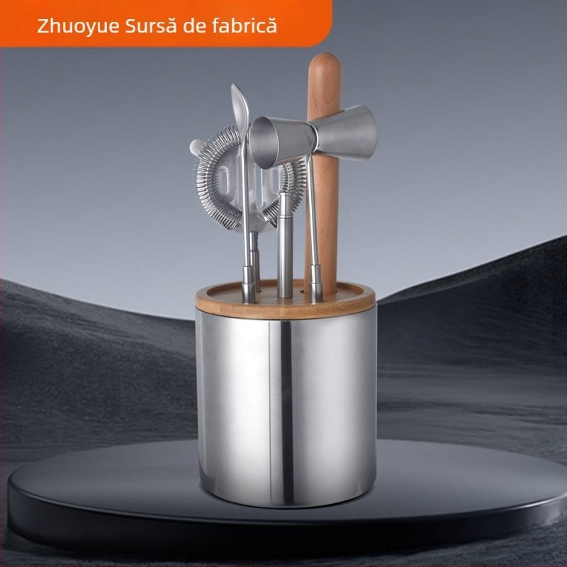 Set din oțel inoxidabil pentru gheață, cu 6 piese: găleată pentru gheață, ceașcă de măsurat, lingură de amestec, bețe de gheață zdrobită, filtru de gheață și raft de depozitare