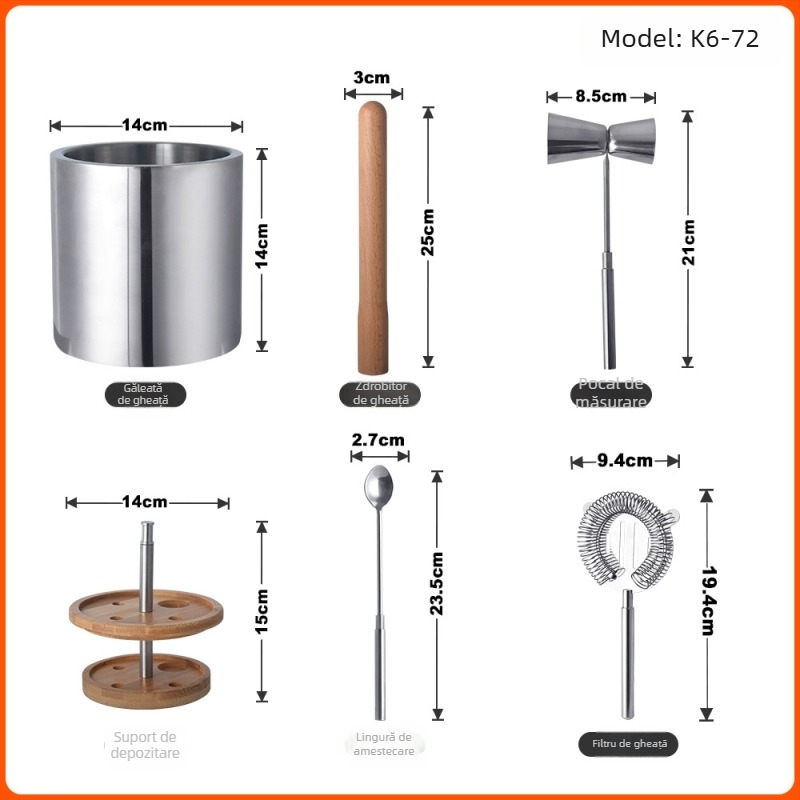 Set din oțel inoxidabil pentru gheață, cu 6 piese: găleată pentru gheață, ceașcă de măsurat, lingură de amestec, bețe de gheață zdrobită, filtru de gheață și raft de depozitare