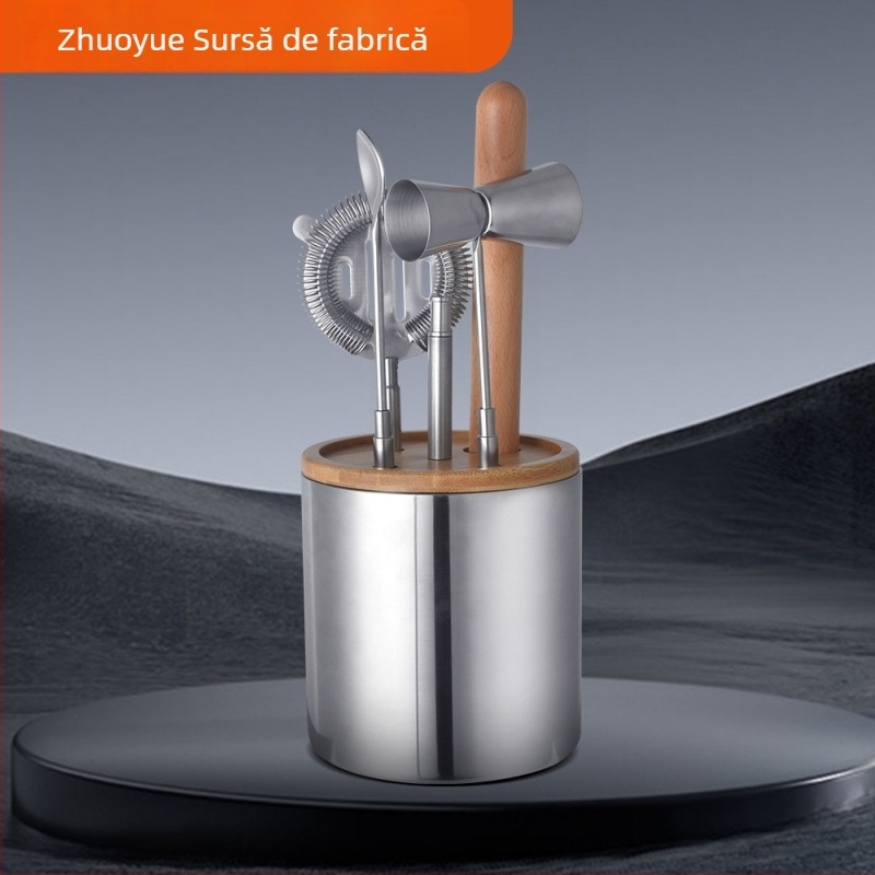 Set din oțel inoxidabil pentru gheață, cu 6 piese: găleată pentru gheață, ceașcă de măsurat, lingură de amestec, bețe de gheață zdrobită, filtru de gheață și raft de depozitare
