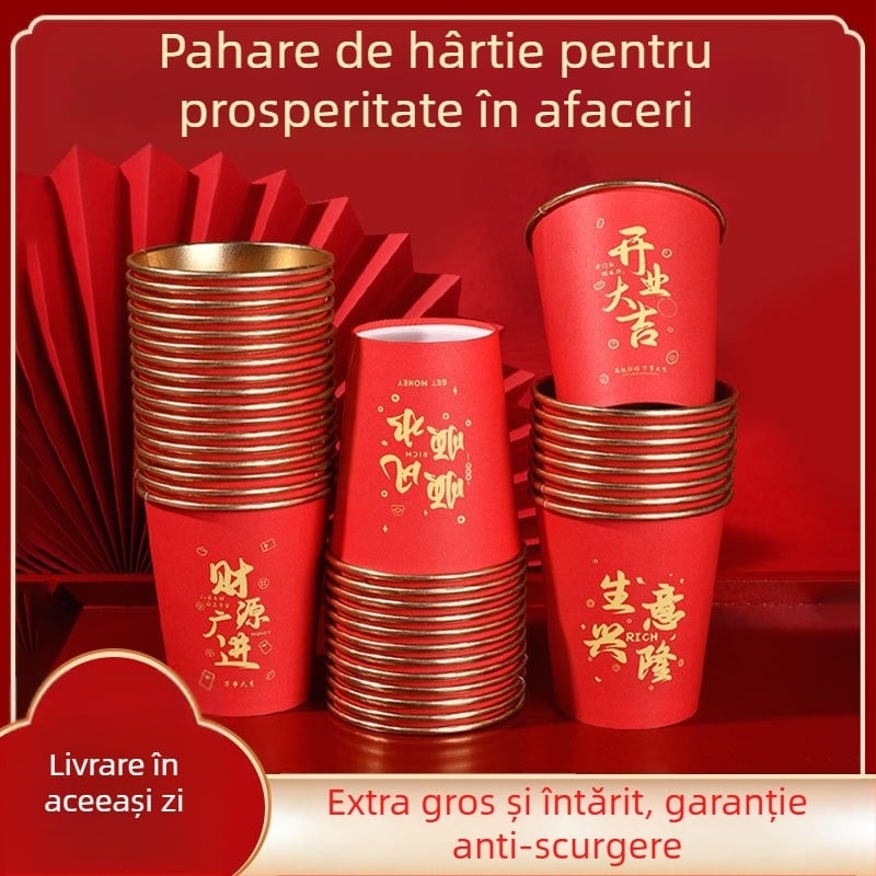Cupe de unică folosință din hârtie, cu folie de aur, design roșu festiv, pentru deschiderea afacerii și prosperitate