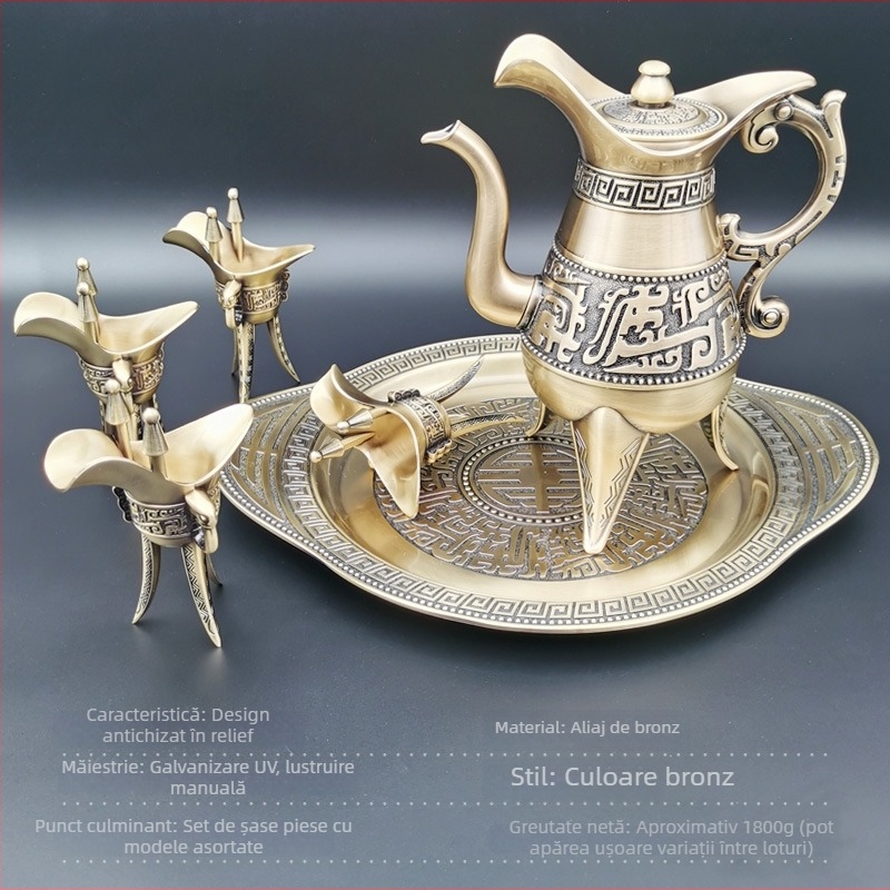 Set de vin din bronz cu dozator, vas chinez pentru lichior și pahare înalte, într-o cutie cadou