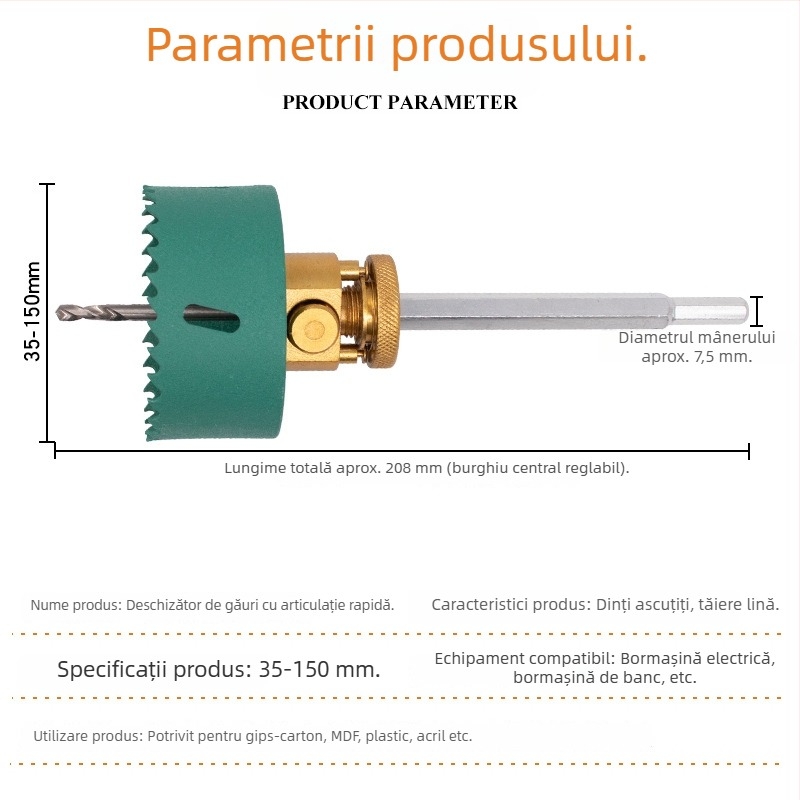 Spot pentru gips-carton cu perforator bi-metalic și tijă de extensie cu eliberare rapidă