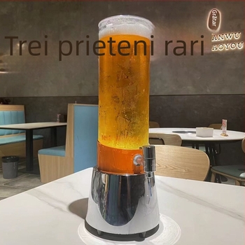 Dispenser luminos pentru băuturi, capacitate dublă 3L/2L, în formă de butoi rotund, cu robinet, turn de bere