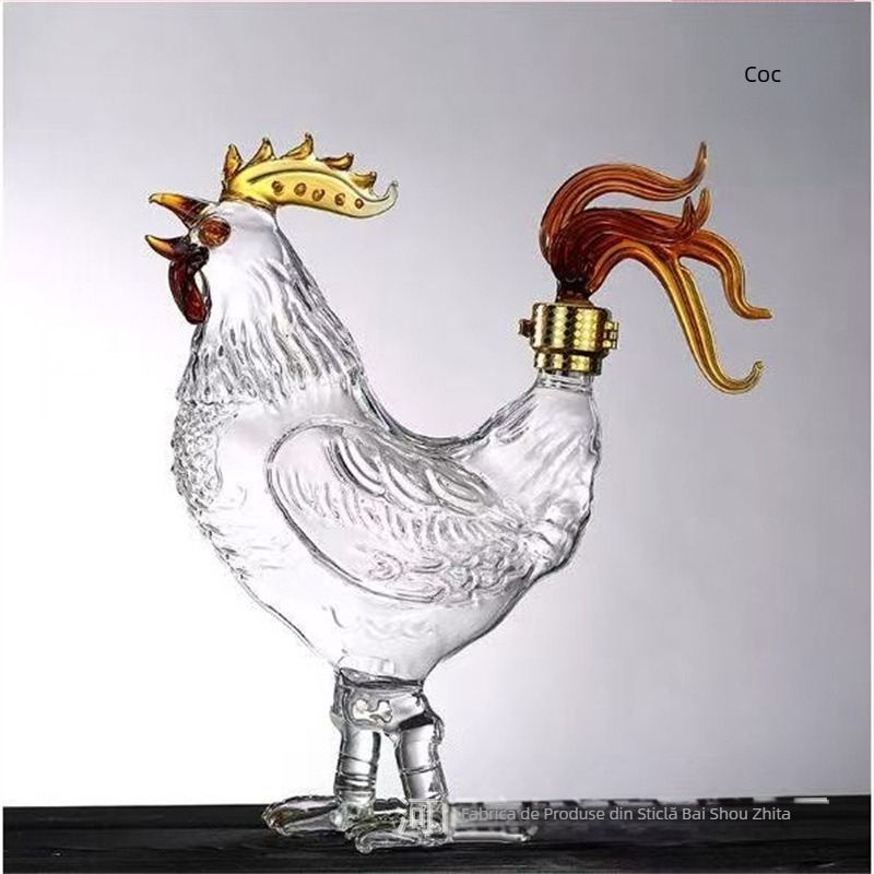 Decantor de vin din sticlă borosilicat, în formă de cocoș, cu cele douăsprezece animale ale zodiacului; sticlă goală