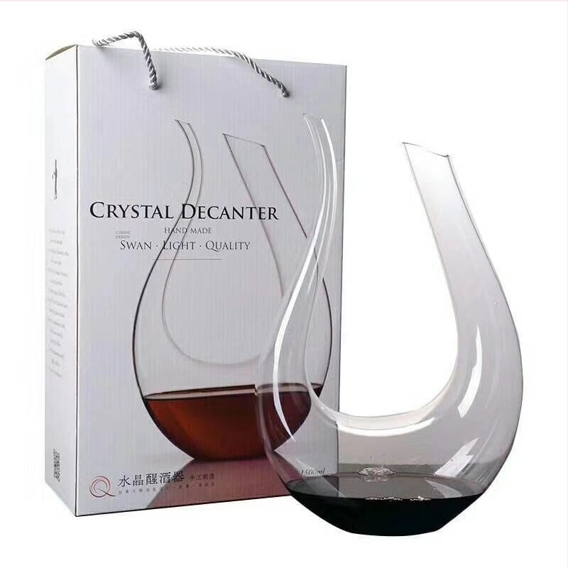 Decantor de vin din cristal fără plumb, cu dungi verticale albastre și negre, design în formă de harpă în stil U