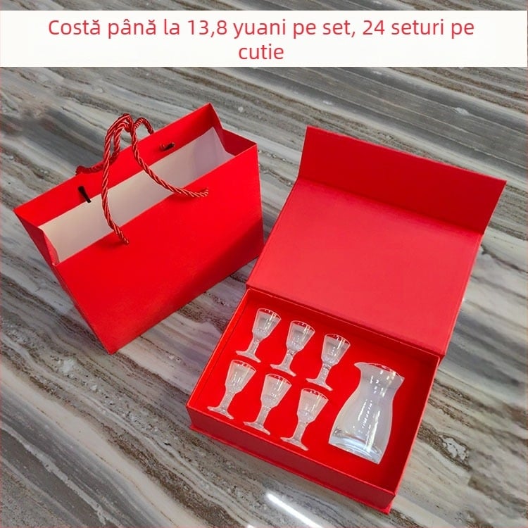 Set cadou din sticlă pentru băuturi spirtoase cu decantor, dozator și pahare mici, în cutie cadou; imprimare logo disponibil