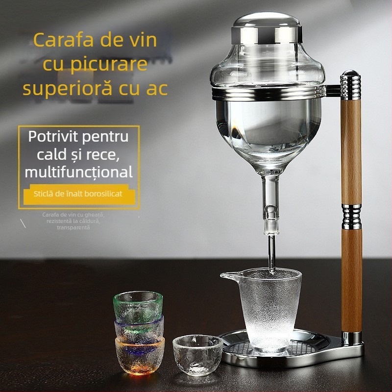 Set de sake din sticlă: sticlă pentru sake cald, răcitor cu gheață în stil japonez și decantor cu picurare