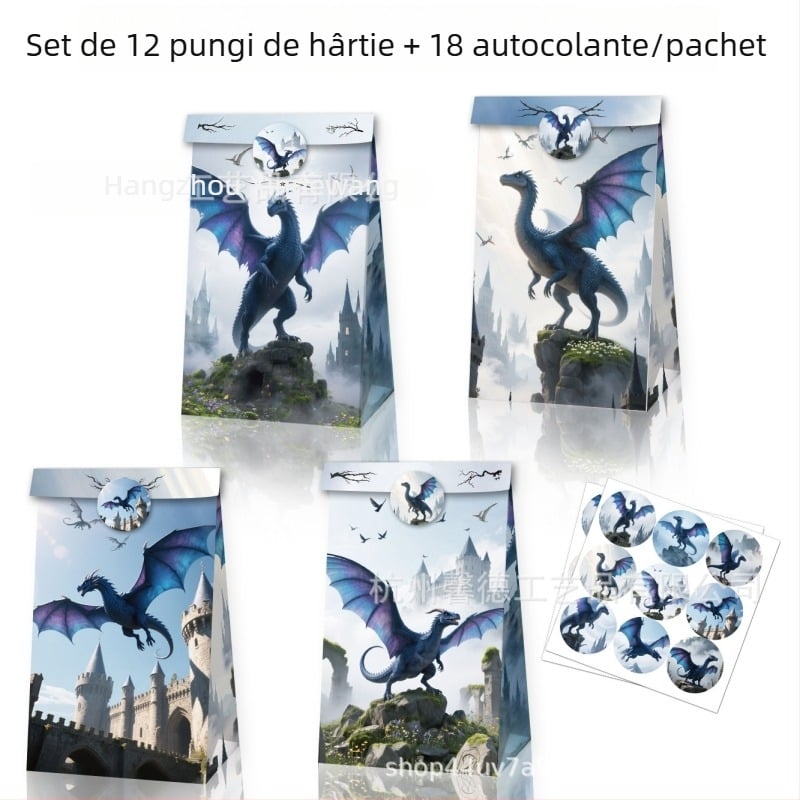 LB387 Dragon negru în acuarelă, dragon zburător retro, cadou de ziua de naștere – set cu pungi din hârtie kraft și etichete autocolante