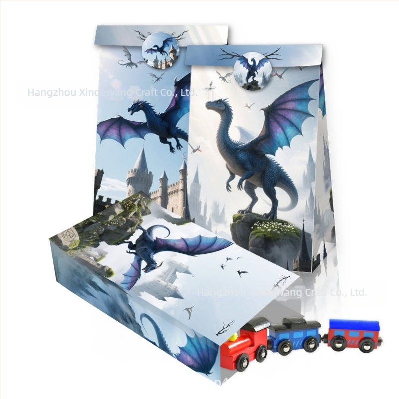 LB387 Dragon negru în acuarelă, dragon zburător retro, cadou de ziua de naștere – set cu pungi din hârtie kraft și etichete autocolante