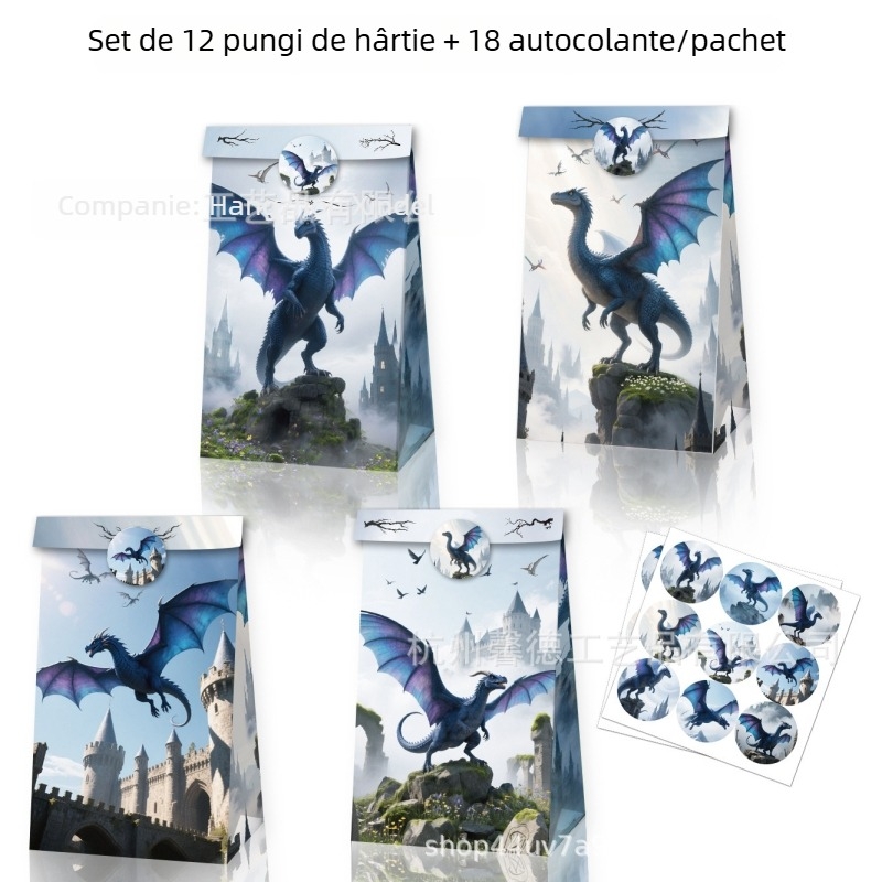 LB387 Dragon negru în acuarelă, dragon zburător retro, cadou de ziua de naștere – set cu pungi din hârtie kraft și etichete autocolante