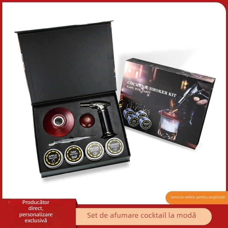 Kit de afumare pentru cocktailuri din lemn, cu capac – bucătărie și bar, mixologie creativă