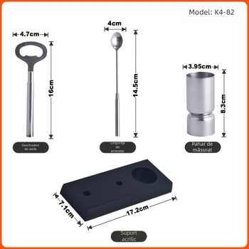 Set de bar din oțel inoxidabil cu suport acrilic negru – set patru piese de instrumente pentru cocktailuri (deschizător de sticle, lingură de amestec, cană de măsurare, suport acrilic)