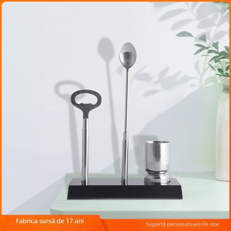 Set de bar din oțel inoxidabil cu suport acrilic negru – set patru piese de instrumente pentru cocktailuri (deschizător de sticle, lingură de amestec, cană de măsurare, suport acrilic)