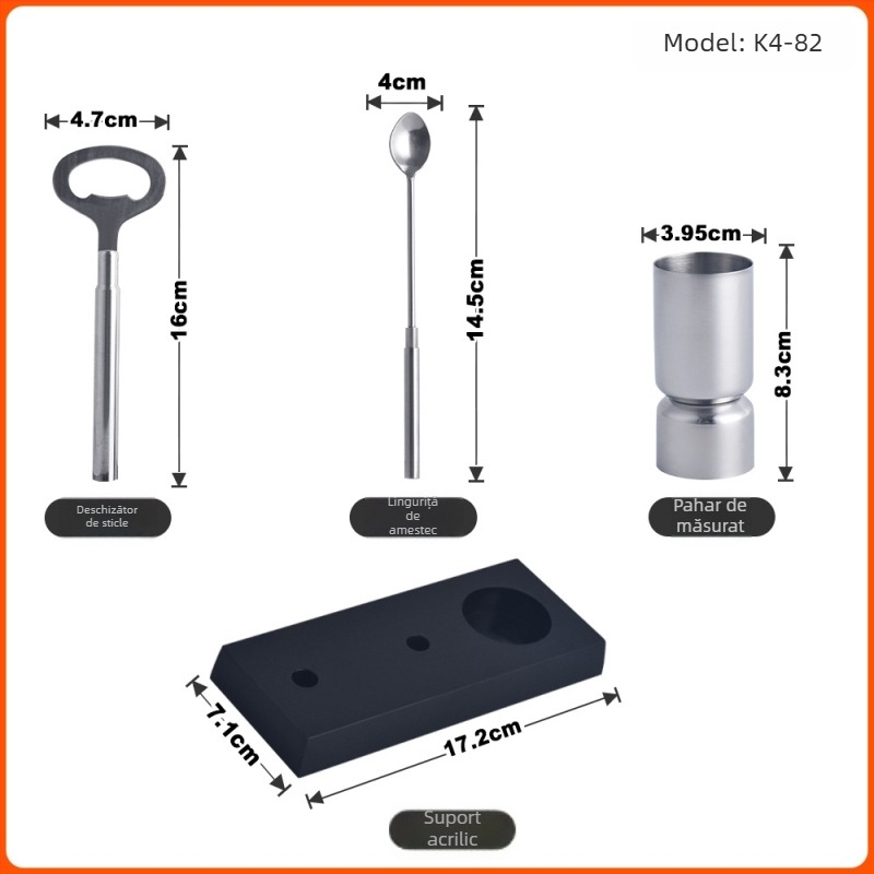 Set de bar din oțel inoxidabil cu suport acrilic negru – set patru piese de instrumente pentru cocktailuri (deschizător de sticle, lingură de amestec, cană de măsurare, suport acrilic)