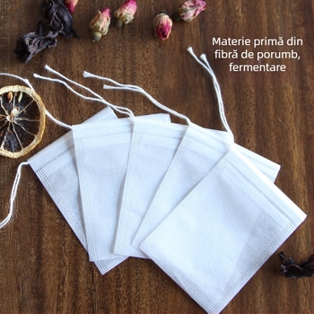 Săculețe de ceai din fibre de porumb, de unică folosință, biodegradabile, dimensiuni 5.5 x 7 cm, 100 buc