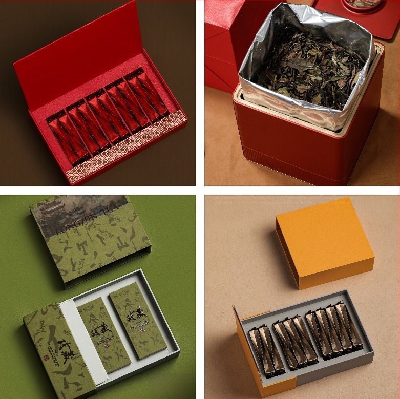 Set de ceai cadou cu recipient din metal gol: Da Hong Pao, Tieguanyin, Ceai de rocă cu scorțișoară, Jin Jun Mei – recipient metalic personalizabil