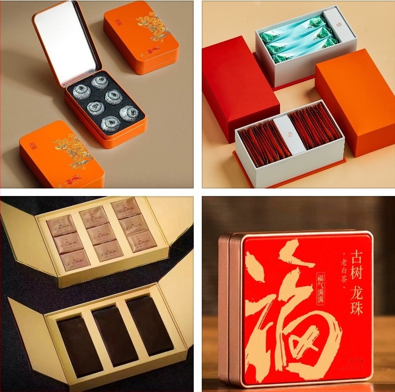 Set de ceai cadou cu recipient din metal gol: Da Hong Pao, Tieguanyin, Ceai de rocă cu scorțișoară, Jin Jun Mei – recipient metalic personalizabil