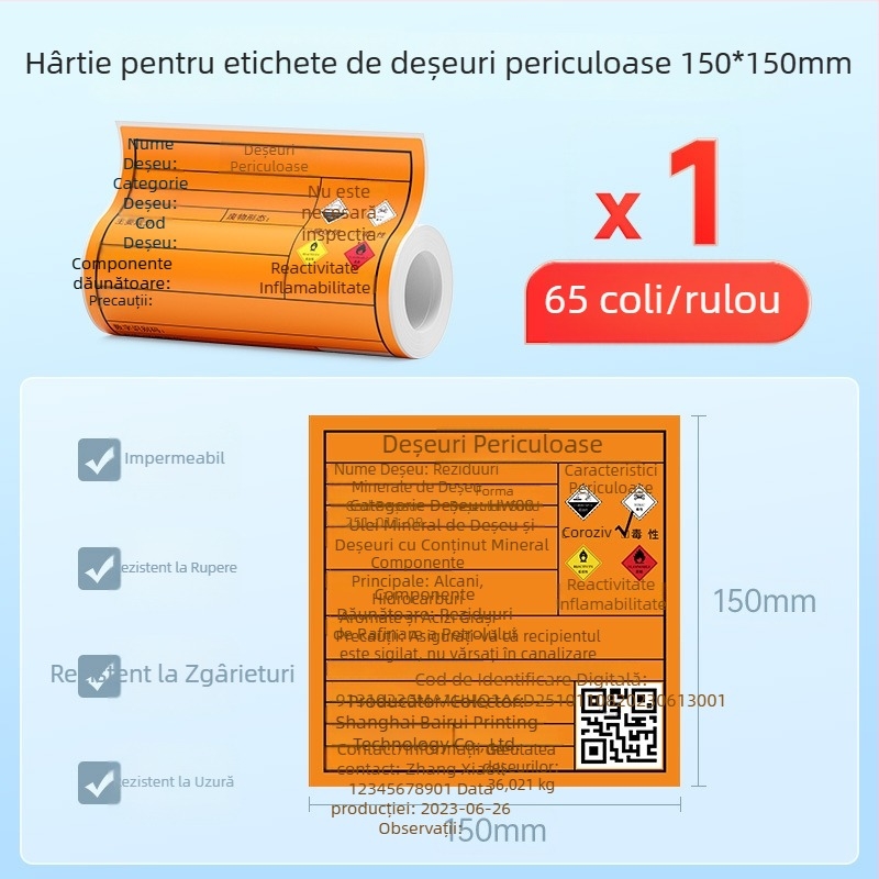 Hârtie termică autocolantă pentru etichete deșeuri periculoase