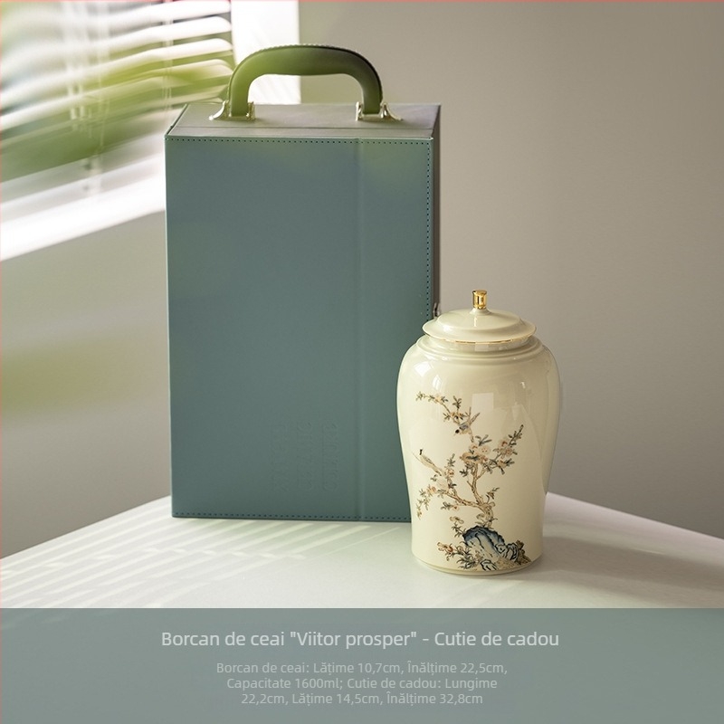 Cutie ceramică pentru ceai însoțită de cutie cadou din piele, cutie cadou goală pentru ceai verde