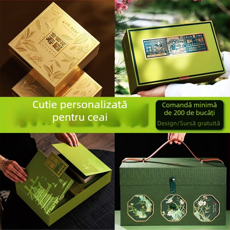 Cutie cadou de ceai cu deschidere dublă, capac și mâner, cutie colorată cu capac rabatabil, pentru loturi mici, realizată cu senzație premium
