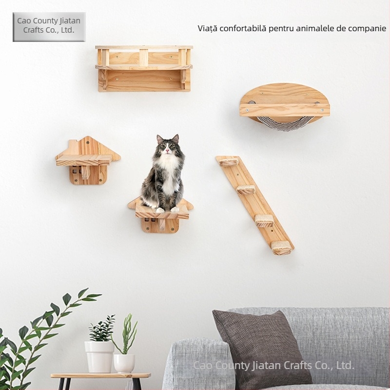 Cuib de pisică din lemn montat pe perete, cu frânghie de sisal și rampă de cățărare din lemn