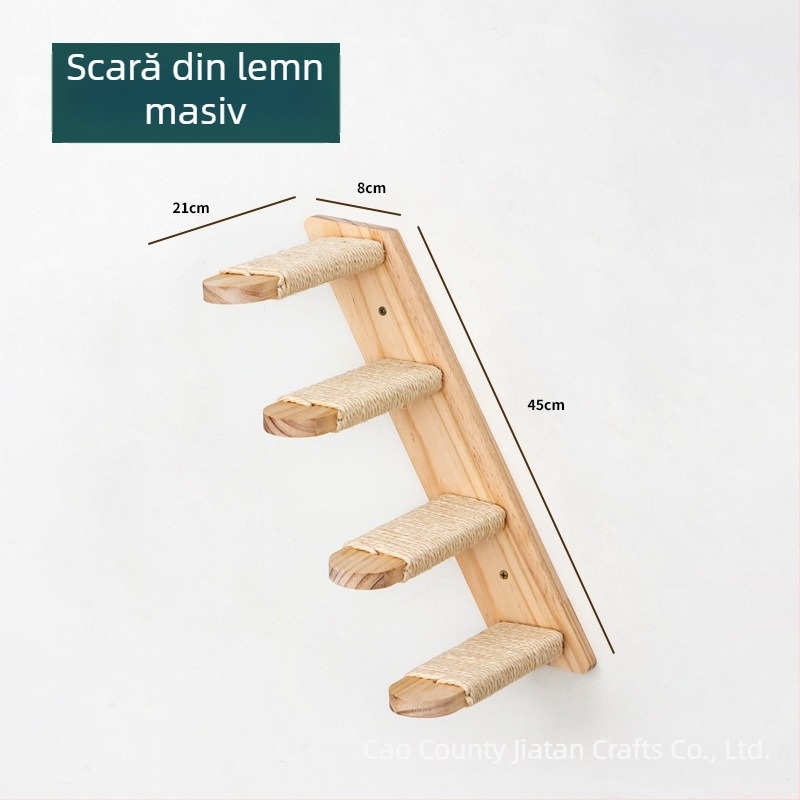 Cuib de pisică din lemn montat pe perete, cu frânghie de sisal și rampă de cățărare din lemn