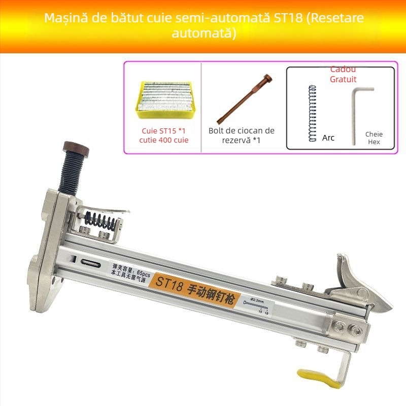 ST18 Pistol de cuie cu bandă metalică – unealtă manuală, semi-automat pentru fixarea canalelor de cablu pe pereți din ciment