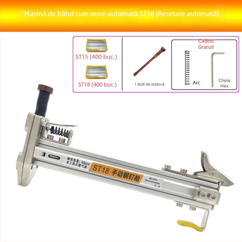 ST18 Pistol de cuie cu bandă metalică – unealtă manuală, semi-automat pentru fixarea canalelor de cablu pe pereți din ciment