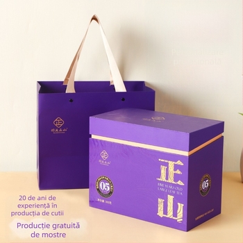 Cutie premium ceai, personalizată, cutie dreptunghiulară de mână, ambalaj cu două părți, mov cu ștanțare aurie