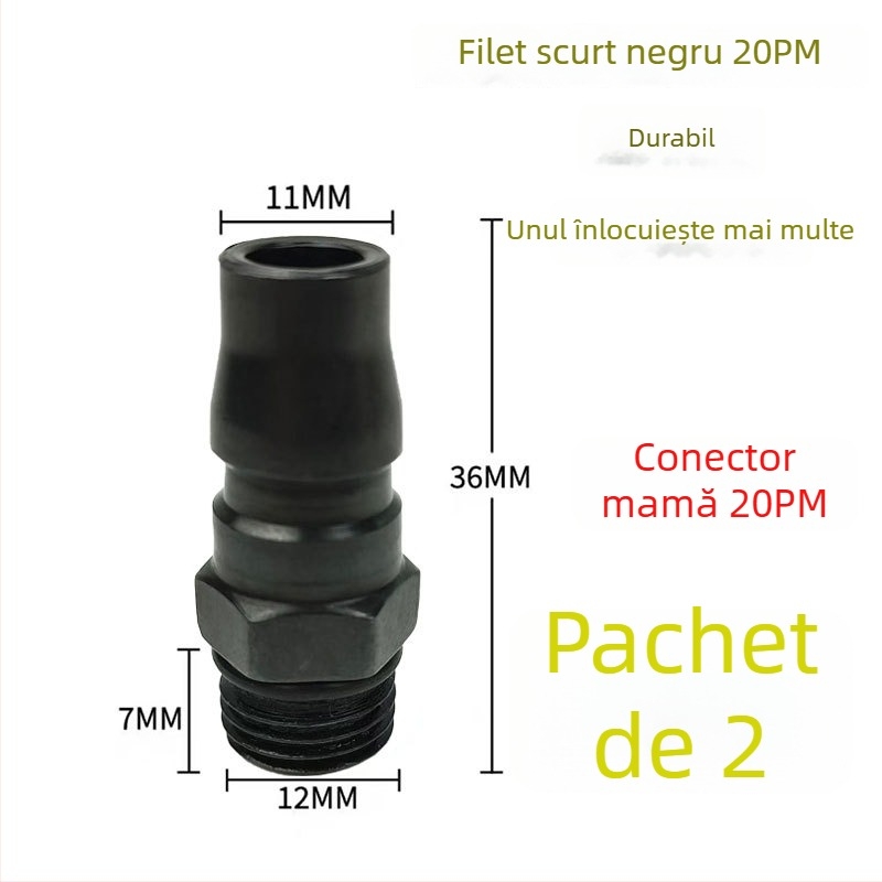 Conector pneumatic rapid din oțel negru-auriu, cu cuplaj rapid întărit, mic pistol de aer pentru suflare praf, cap cu filet extern 20PM