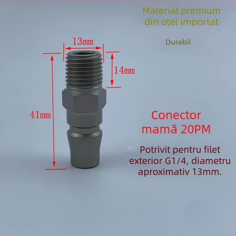 Conector pneumatic rapid din oțel negru-auriu, cu cuplaj rapid întărit, mic pistol de aer pentru suflare praf, cap cu filet extern 20PM
