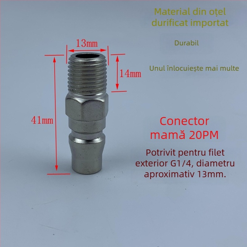 Conector pneumatic rapid din oțel negru-auriu, cu cuplaj rapid întărit, mic pistol de aer pentru suflare praf, cap cu filet extern 20PM