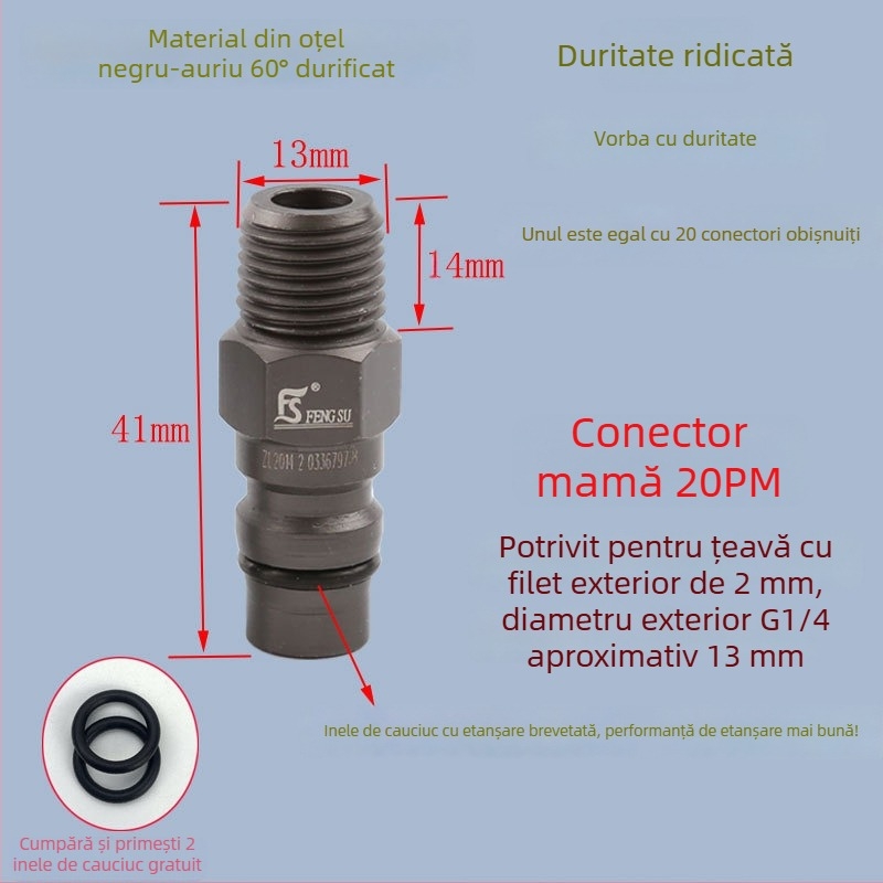 Conector pneumatic rapid din oțel negru-auriu, cu cuplaj rapid întărit, mic pistol de aer pentru suflare praf, cap cu filet extern 20PM