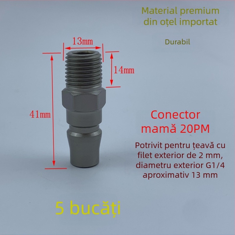 Conector pneumatic rapid din oțel negru-auriu, cu cuplaj rapid întărit, mic pistol de aer pentru suflare praf, cap cu filet extern 20PM