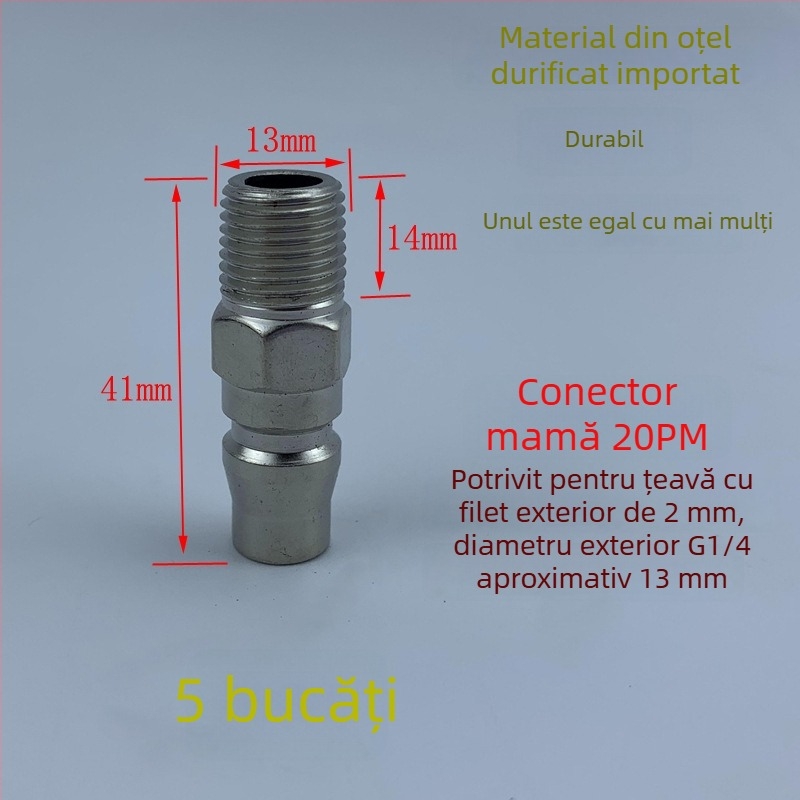 Conector pneumatic rapid din oțel negru-auriu, cu cuplaj rapid întărit, mic pistol de aer pentru suflare praf, cap cu filet extern 20PM