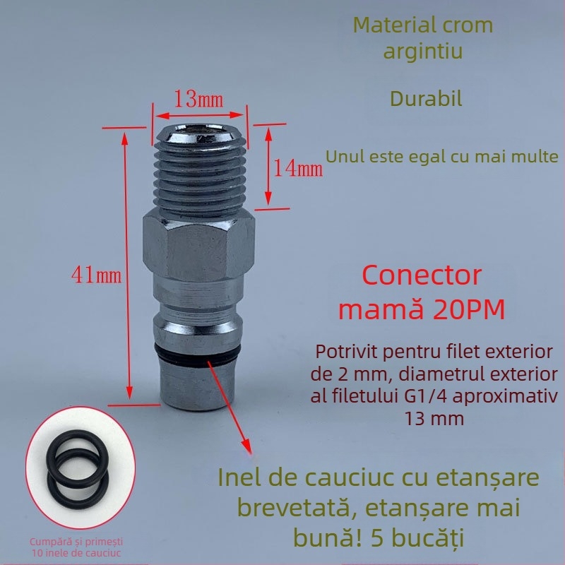 Conector pneumatic rapid din oțel negru-auriu, cu cuplaj rapid întărit, mic pistol de aer pentru suflare praf, cap cu filet extern 20PM