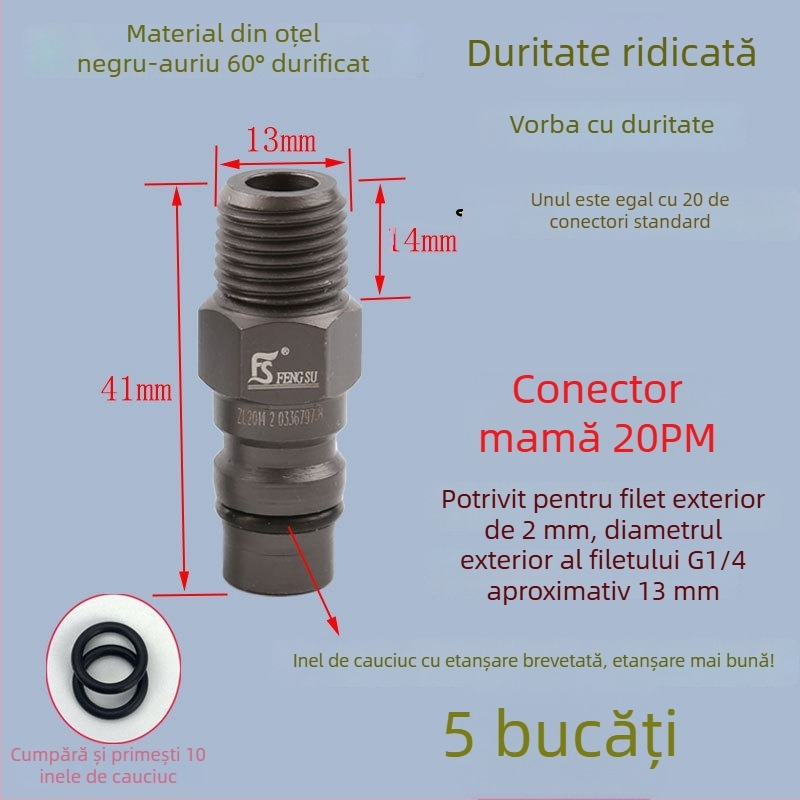Conector pneumatic rapid din oțel negru-auriu, cu cuplaj rapid întărit, mic pistol de aer pentru suflare praf, cap cu filet extern 20PM