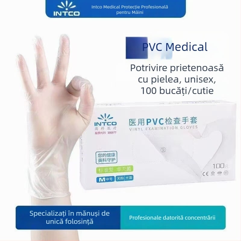 Mănuși unice PVC pentru inspecție Yingke Medical, fără pudră, pentru bucătărie, manipulare alimente și laborator, ambalate în 100 bucăți