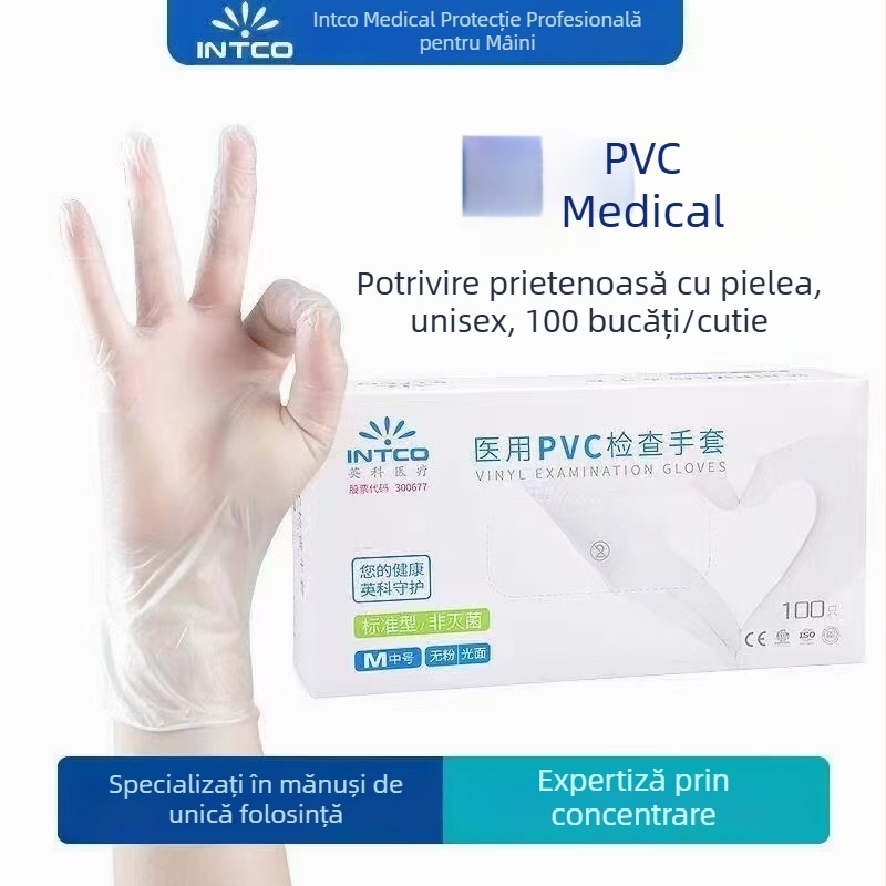 Mănuși unice PVC pentru inspecție Yingke Medical, fără pudră, pentru bucătărie, manipulare alimente și laborator, ambalate în 100 bucăți