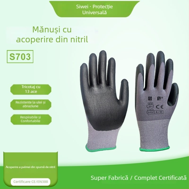 S70313 Mănuși de lucru din nailon-nitril cu spumă, respirabile, rezistente la uzură, antiderapante, impermeabile și rezistente la ulei