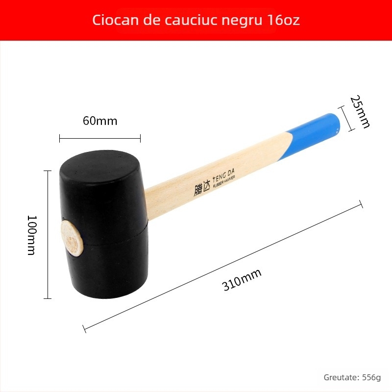 Ciocan de cauciuc cu mâner din lemn pentru montaj plăci ceramice și podele